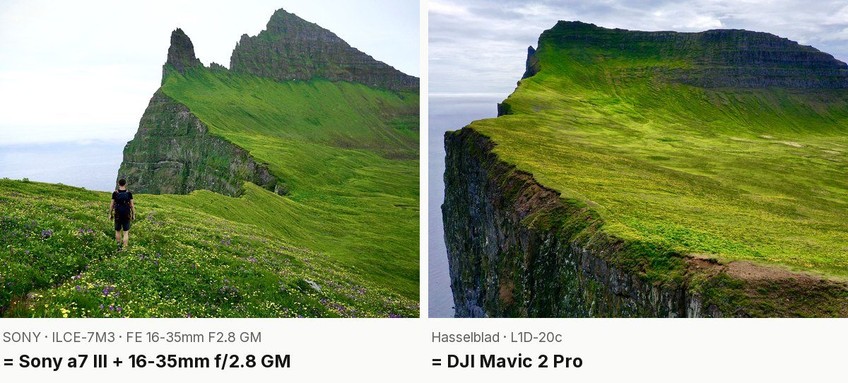 Two of my photos from Hornstrandir in July 2019 with the camera data they carry: a Sony a7 III with the 16-35mm f/2.8 GM, and a Hasselblad L1D-20c, the camera of the DJI Mavic 2 Pro
