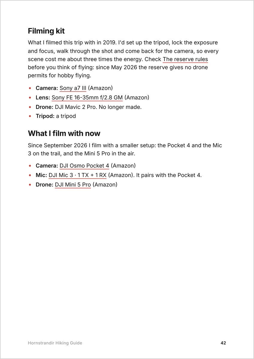 The Filming kit page of the Hornstrandir guide: the Sony a7 III and 16-35mm f/2.8 GM with links, the Mavic 2 Pro marked no longer made, and what I film with now