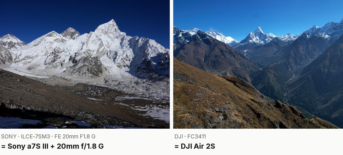 Two of my photos from the Everest Base Camp trek in 2021 with their camera data: a Sony a7S III with the FE 20mm F1.8 G, and an FC3411, the DJI Air 2S