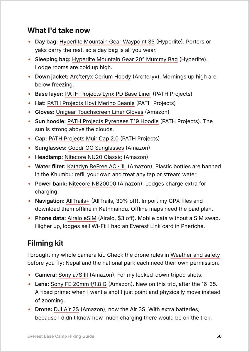 A page from the Everest Base Camp guide: What I'd take now, and the Filming kit with the Sony a7S III, the 20mm f/1.8 G and the DJI Air 2S, now the Air 3S