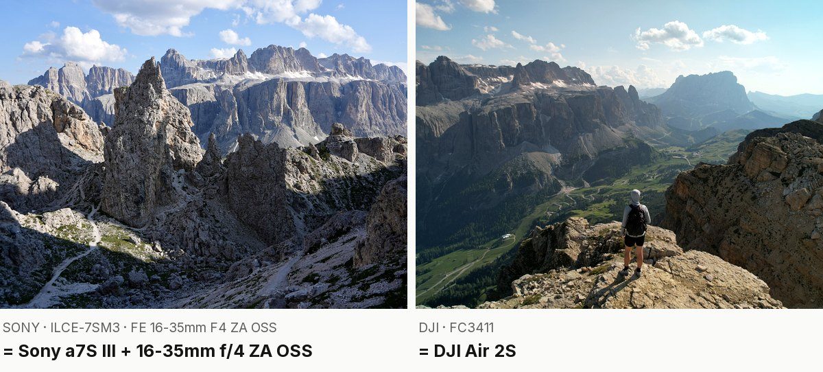 Two of my photos from the Alta Via 2 in July 2021 with their camera data: a Sony a7S III with the FE 16-35mm F4 ZA OSS, and an FC3411, the DJI Air 2S