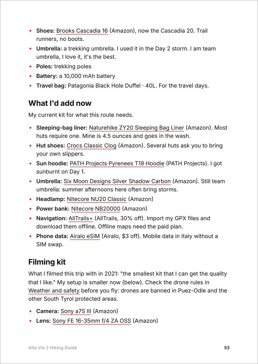 A page from the Alta Via 2 guide: the shoes now the Cascadia 20, the umbrella, What I'd add now for hut trips, and the start of the Filming kit