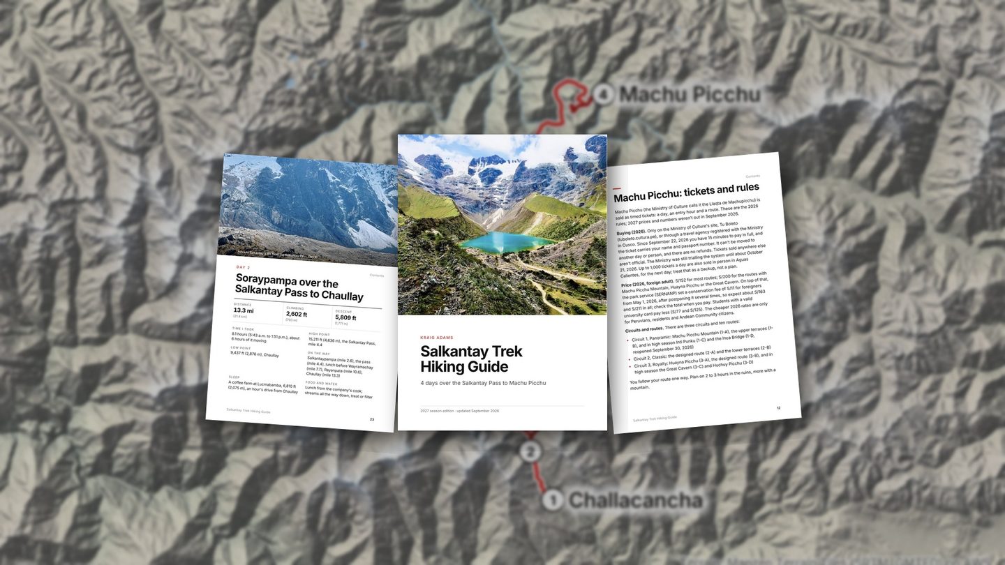 The Salkantay Trek Hiking Guide cover and two of its pages, a day page and the Machu Picchu page, over the guide's relief route map