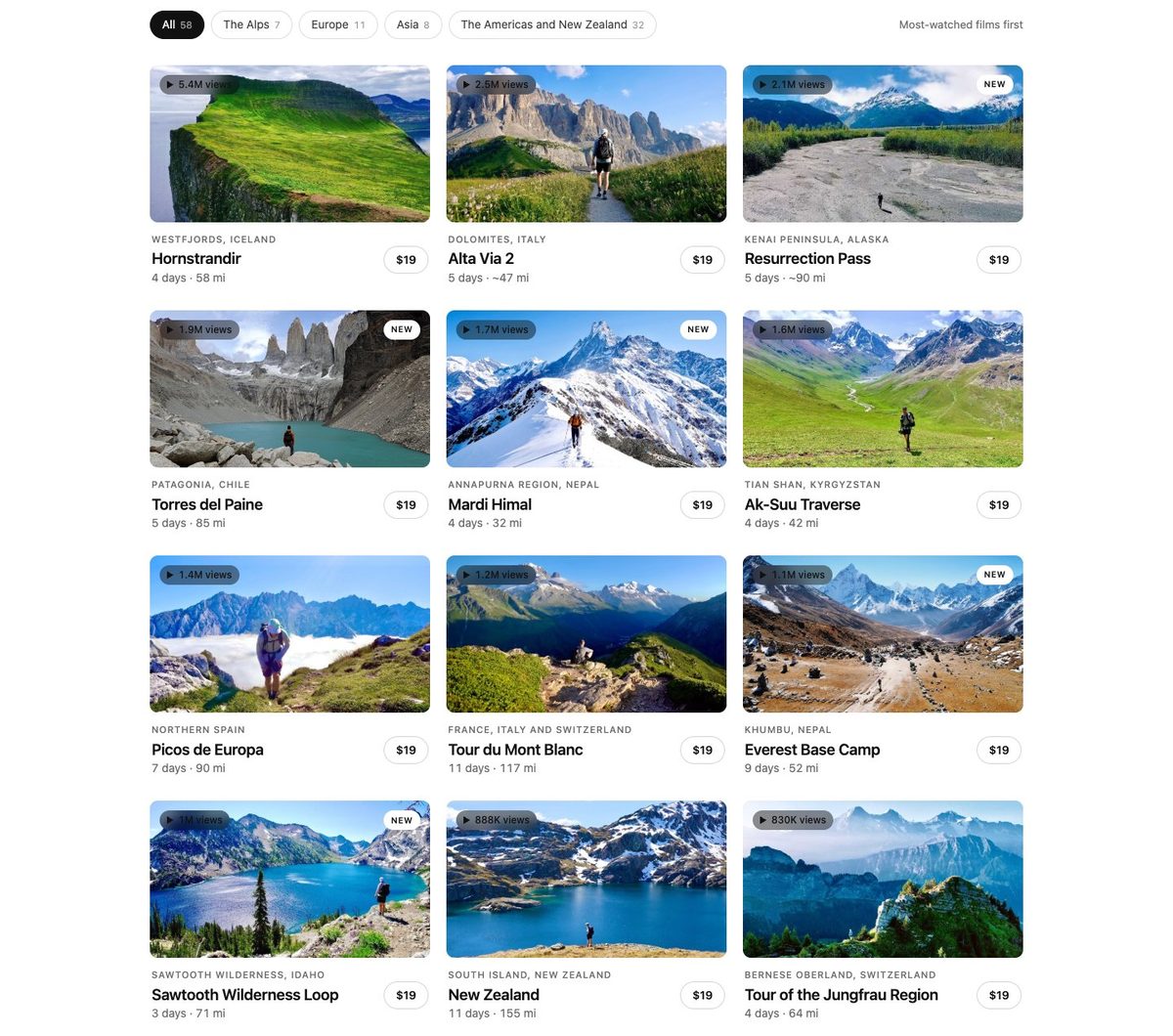 The guides page on my website: 58 hiking guides, sorted by how many people watched the films