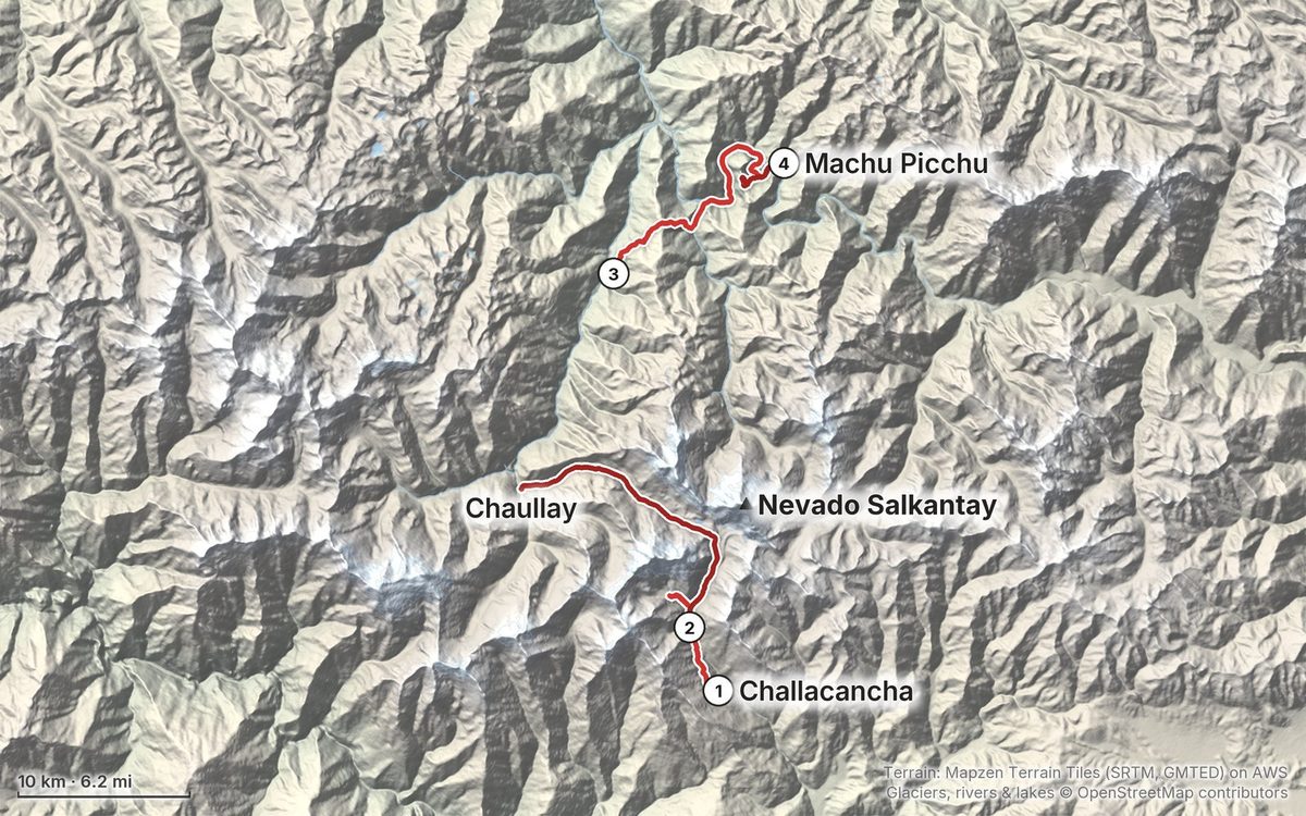 The Salkantay Trek route on a relief map drawn from my GPS, with numbers where each day starts