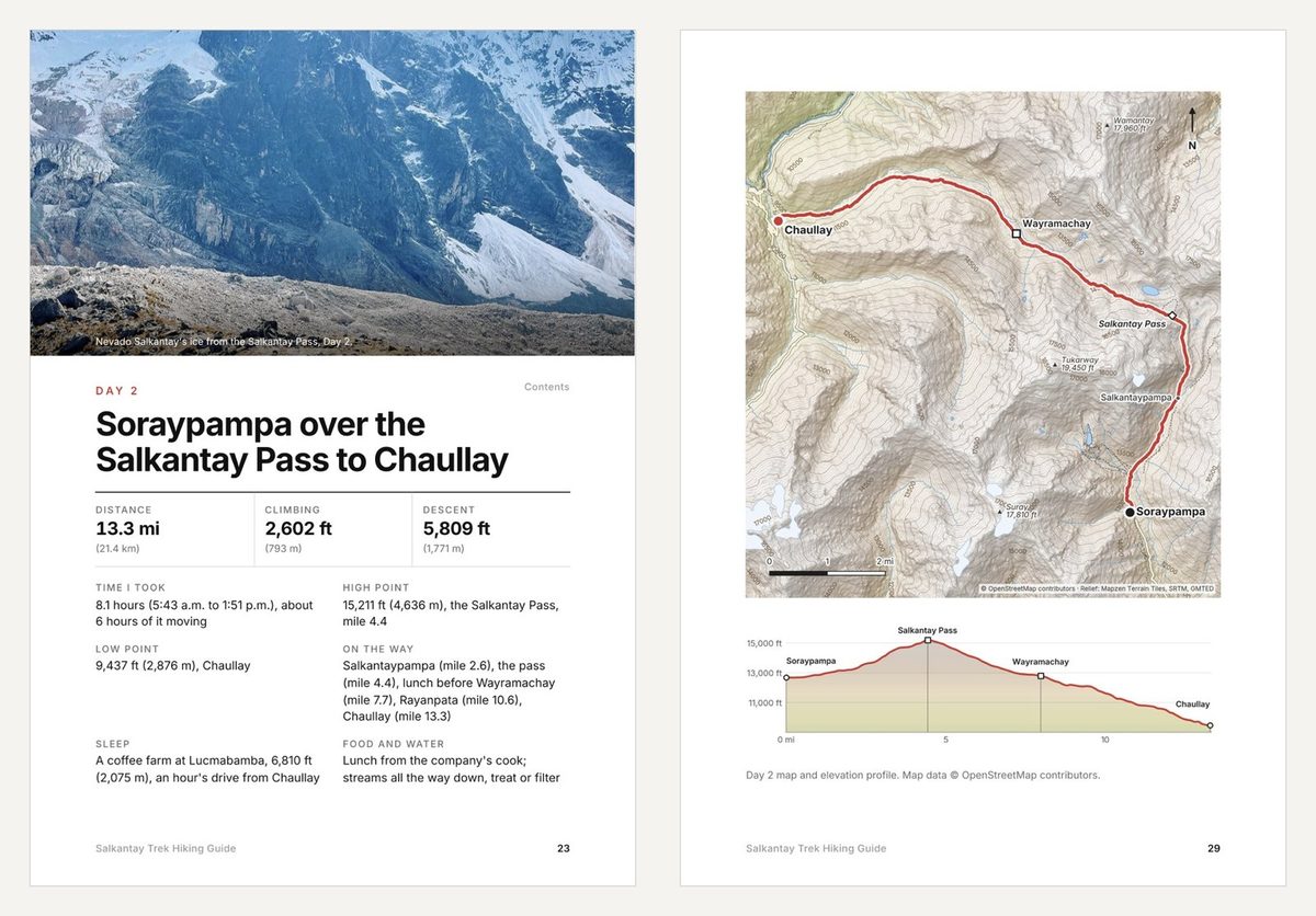 A day's opening page and that day's map and elevation profile from the Salkantay Trek guide; this day is the free sample