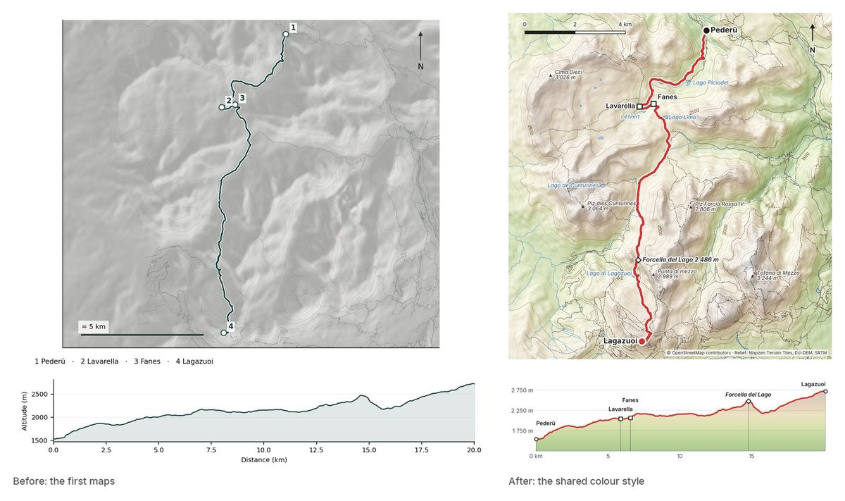 The same Alta Via 1 day map before and after: grey on the left, the colour relief style on the right
