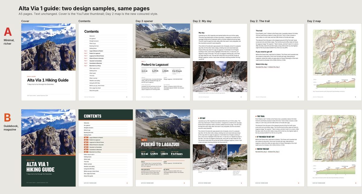 Two design samples of the same Alta Via 1 guide pages, a minimal style A and a magazine style B; I went with A