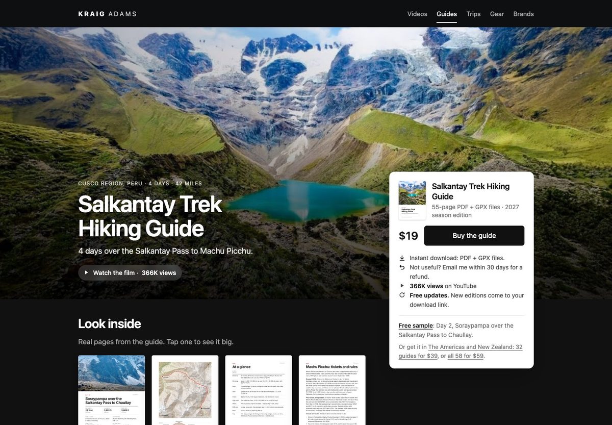 The Salkantay Trek guide's page on my website: real pages from inside, the route, and a free day