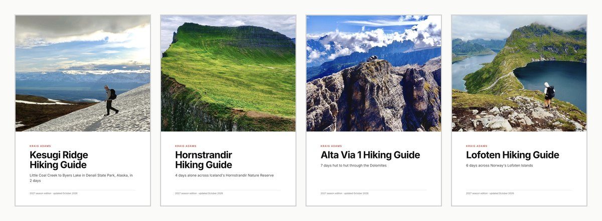 The covers of the four guides in this article, Kesugi Ridge, Hornstrandir, Alta Via 1 and Lofoten, each marked as the 2027 season edition