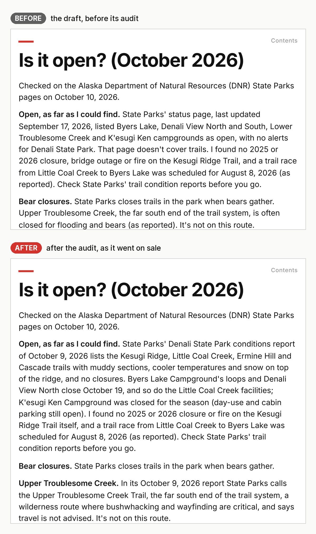 The "Is it open?" page of the Kesugi Ridge guide: the draft before its audit, and the page after the audit, as it went on sale