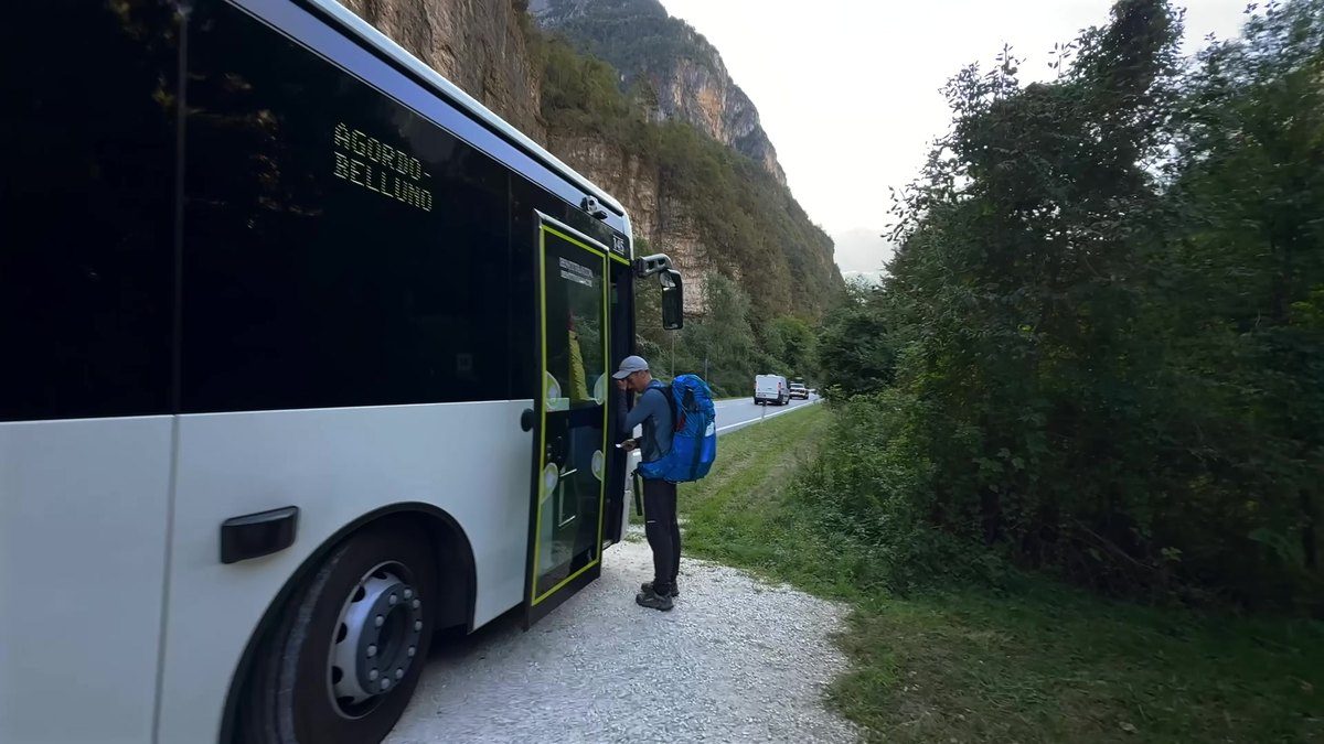 Getting on the bus at La Pissa for Belluno at the end of the Alta Via 1, from my film