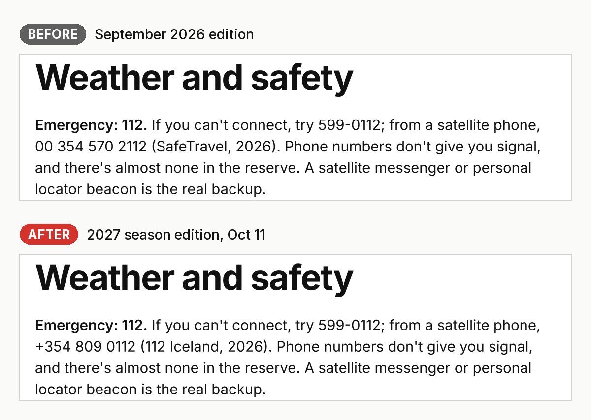 The "Weather and safety" page of the Hornstrandir guide, in the September 2026 edition and the 2027 season edition, with the corrected satellite-phone number