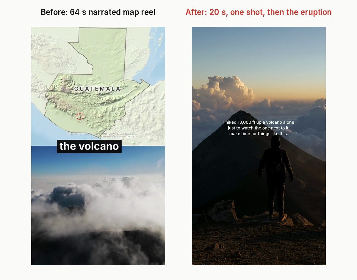 Before and after: a frame of the old 64-second narrated map reel, a map of Guatemala over clouds with a caption, beside the new short, me on the rim facing Fuego at sunset with three small lines of text