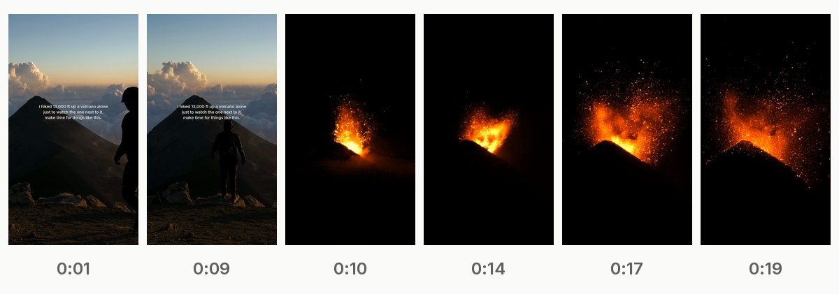 Six frames of the new short: me walking onto the rim at 0:01, arms out facing Fuego at 0:09, then lava bursting at 0:10, 0:14, 0:17 and the biggest burst at 0:19