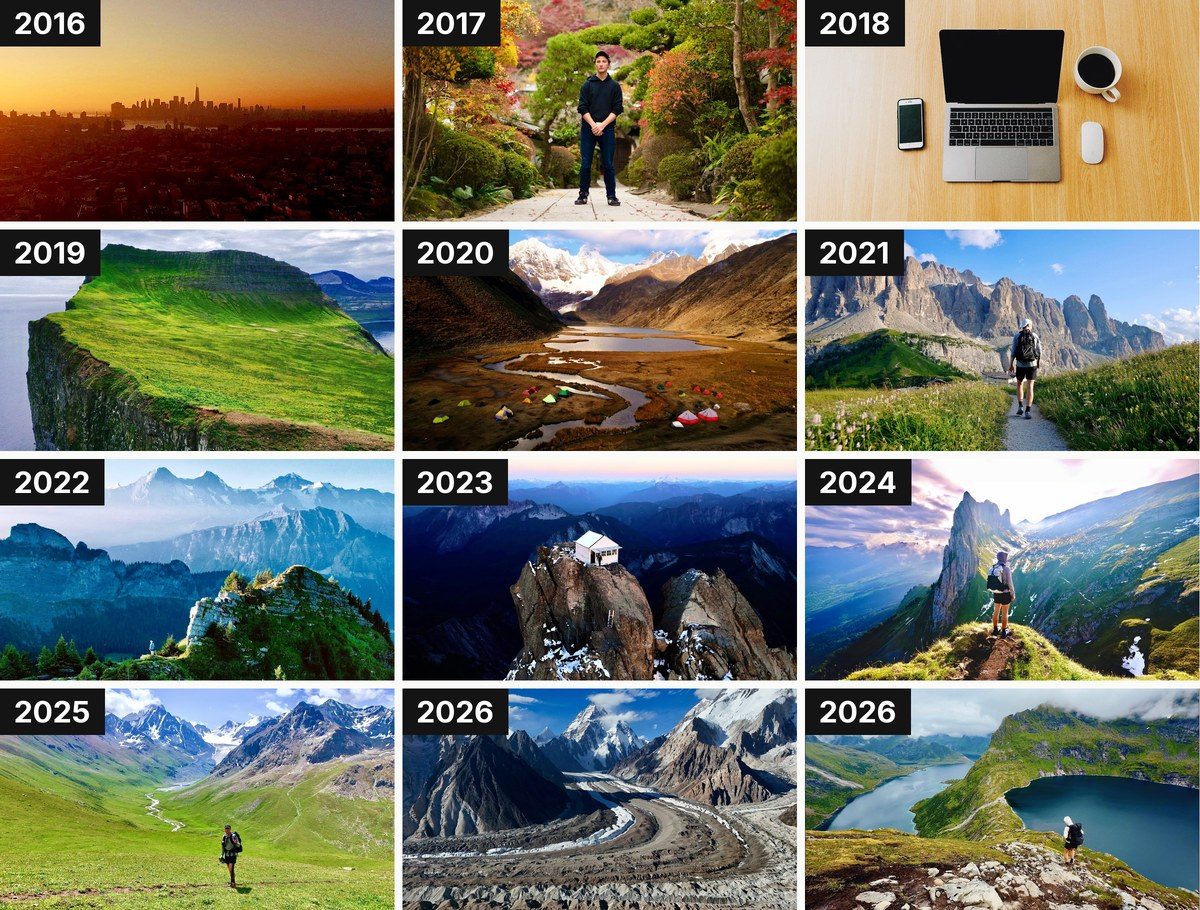 One thumbnail for each year of the channel, 2016 to 2026: a city skyline at sunset, Japan, a minimal desk, Iceland's cliffs, a Himalayan valley, the Dolomites, Switzerland, a fire lookout, Saxer Lücke, Kyrgyzstan, K2 and Lofoten