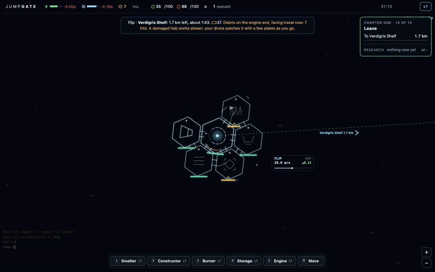 A six-module station mid-trip with a dashed course line and a small readout reading FLIP and its speed