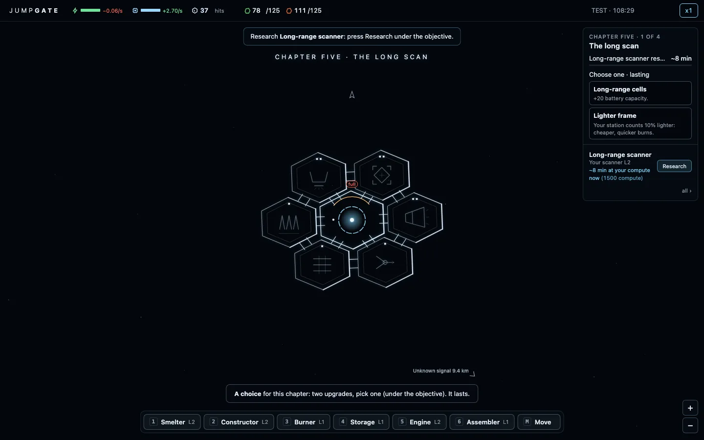 An objective card for Chapter Five, The long scan, with Choose one, lasting, and two cards: Long-range cells, plus 20 battery capacity, and Lighter frame, the station counts 10% lighter, above a seven-module station
