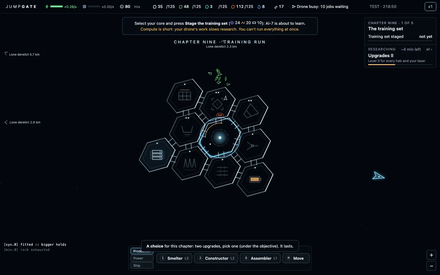 A ten-module station of slightly elongated outline hexagons with brighter star-lit edges around a glowing core