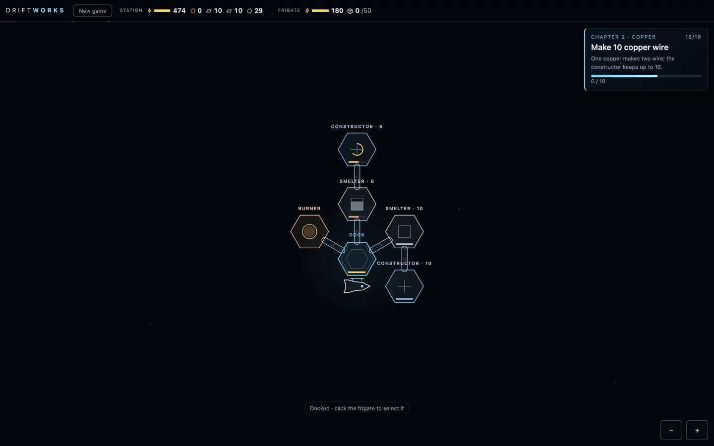 A station of six outline hexagons joined by tube belts around a glowing dock, with the frigate docked below