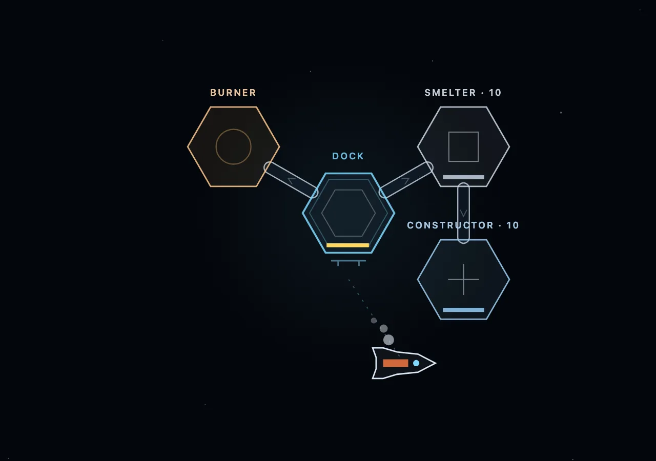 The frigate lining up side-on below the dock, leaving a trail of light-grey thruster puffs